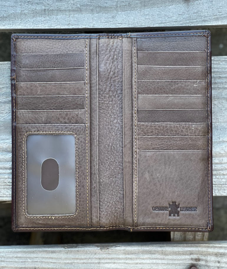 Coffee Brown leather wallet with card slots on a wooden surface
