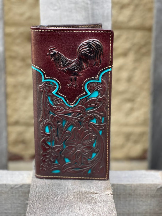 Coffee Brown leather wallet with rooster design on a stone surface