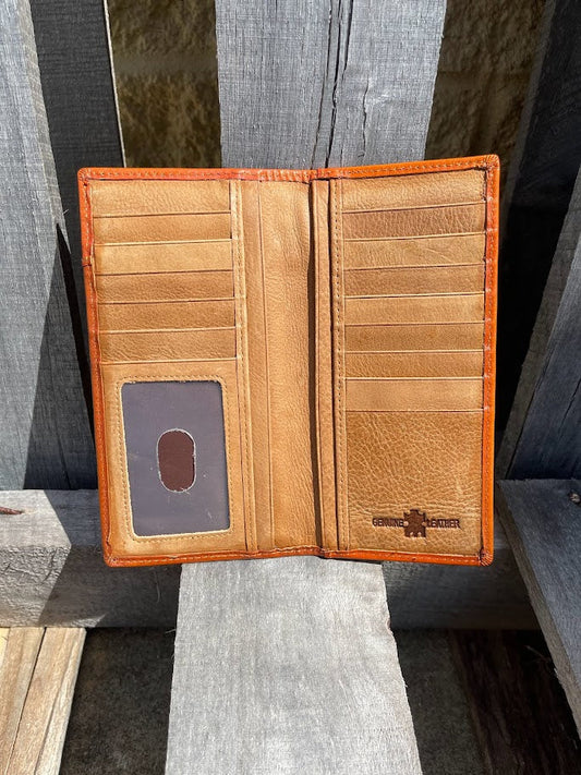 Open brown leather wallet on a wooden surface