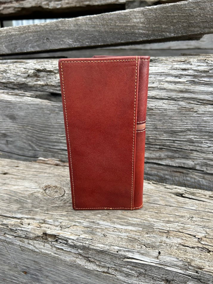 Brown leather wallet on a wooden surface