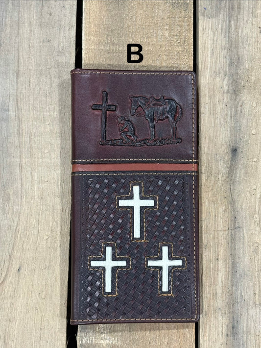 Coffee Brown leather cover with embossed designs of crosses and a horse, featuring metal cross symbols.