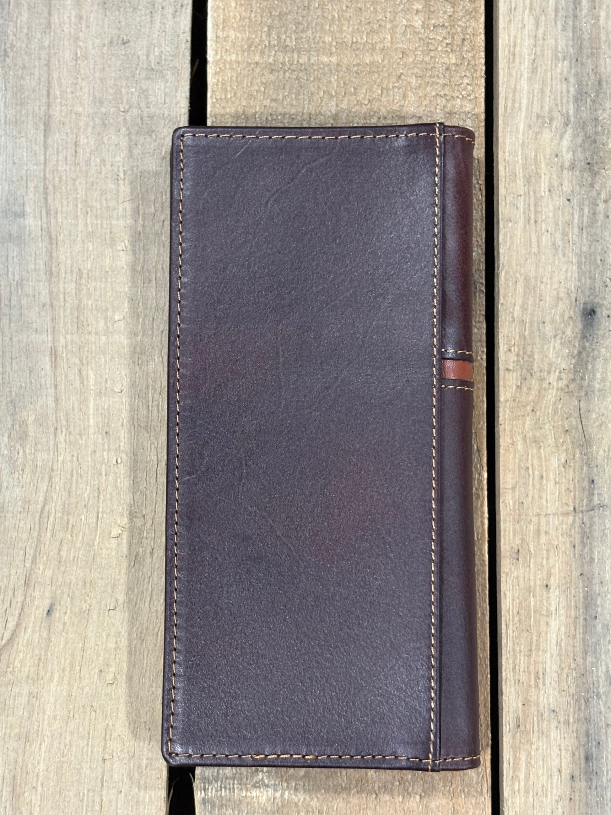 Brown leather wallet on a wooden surface