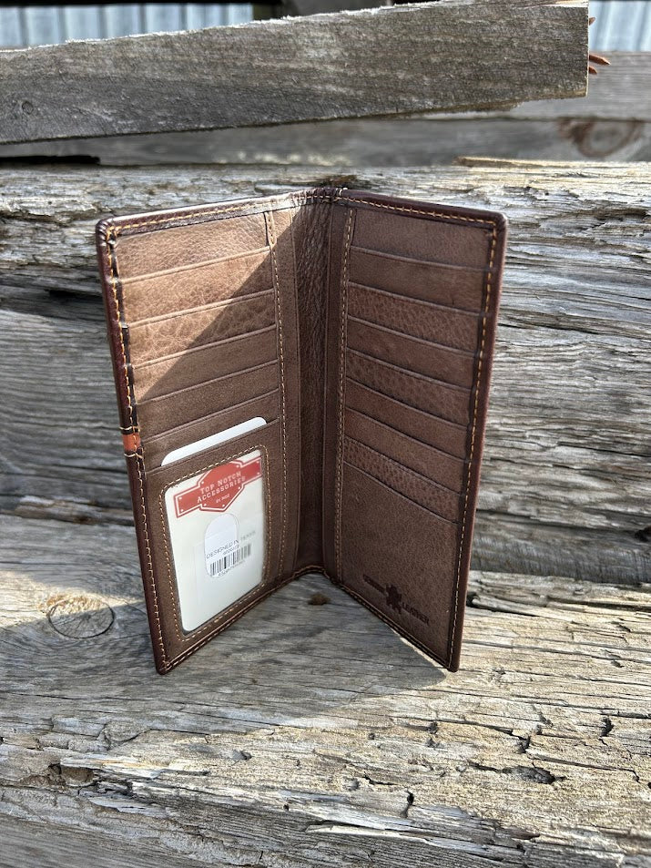 Coffee Brown leather wallet open on a wooden surface