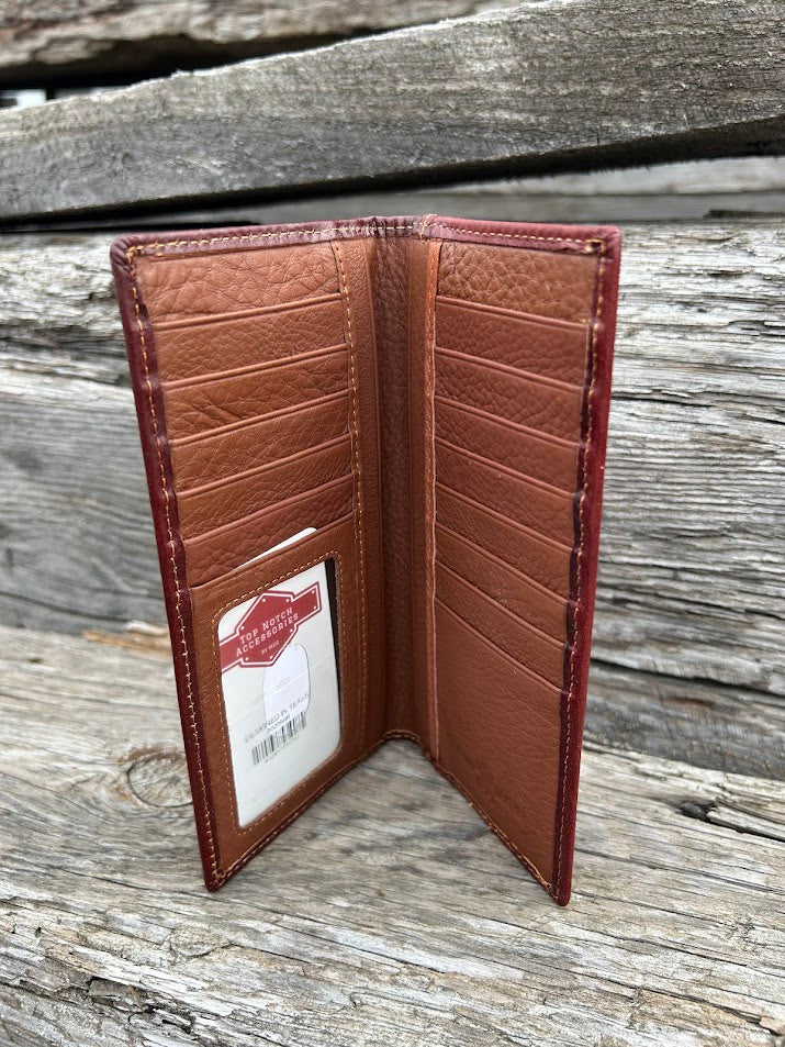 Brown basketweave leather tall wallet with intricate cut-out design with a beige inlay. Inside view showing thirteen card slots, a ID window, and multiple bill slots. 