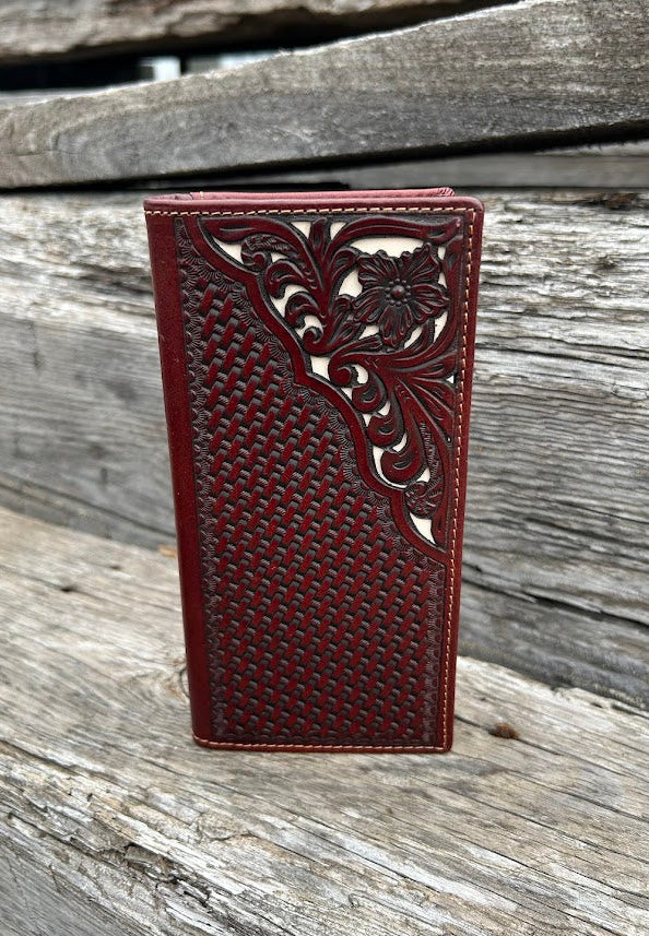 Brown basketweave leather tall wallet with intricate cut-out design with a beige inlay. Front View