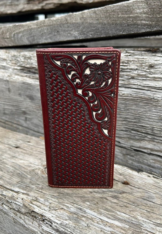 Brown basketweave leather tall wallet with intricate cut-out design with a beige inlay. Front View