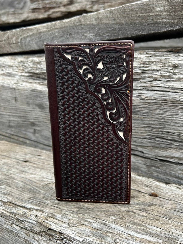 Coffee Brown basketweave leather tall wallet with intricate tooled design with a Beige inlay. Front View