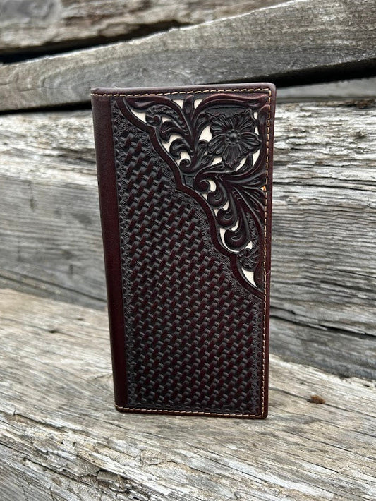 Coffee Brown basketweave leather tall wallet with intricate tooled design with a Beige inlay. Front View