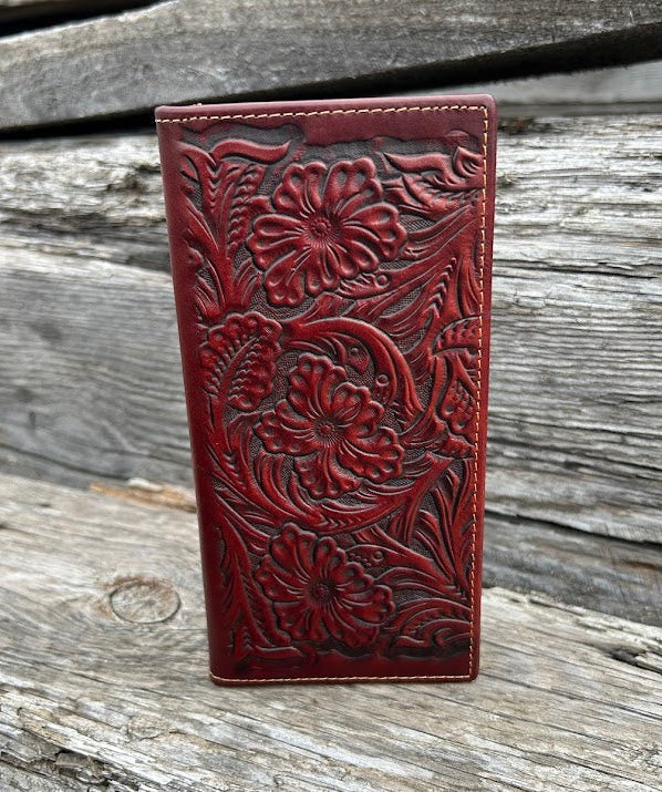This Brown embossed leather tall wallet features multiple card and cash slots for optimal organization. Front View