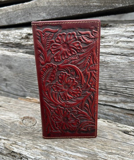 This Brown embossed leather tall wallet features multiple card and cash slots for optimal organization. Front View