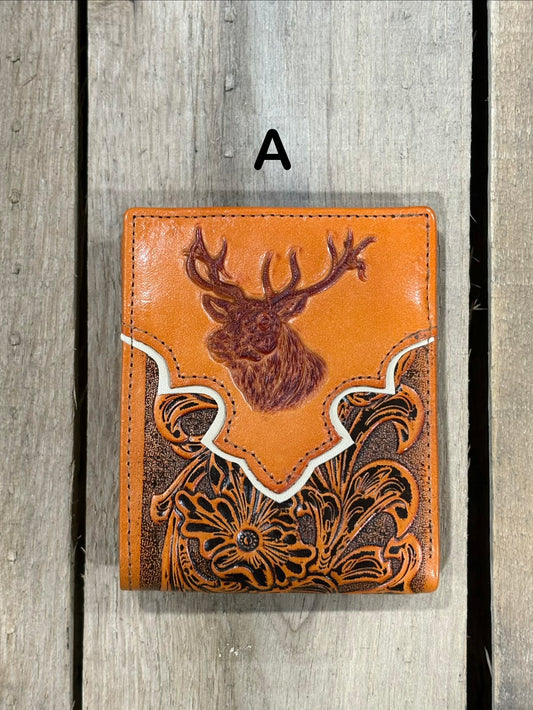 Light Brown leather wallet with deer head design on a wooden surface