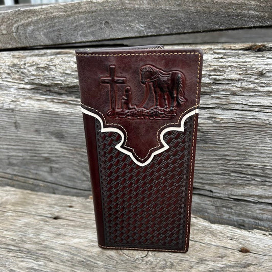 Coffee Brown leather wallet with embossed design on a wooden surface