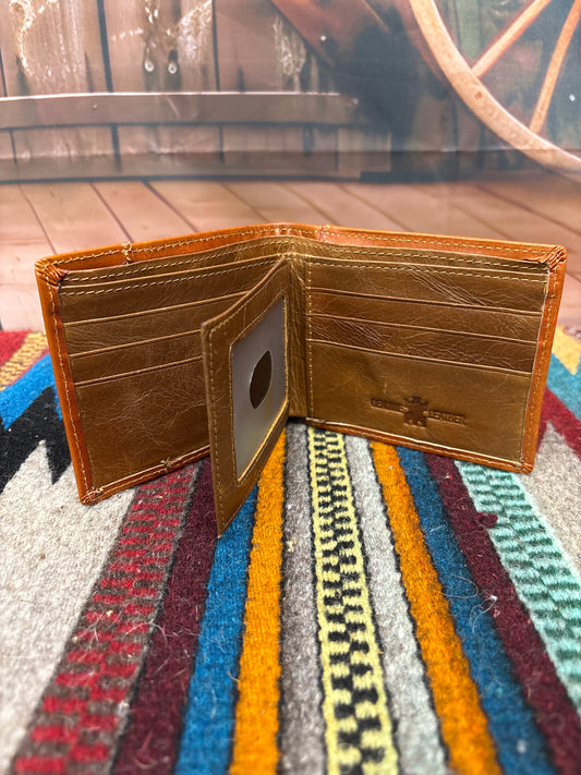 This Brown leather bifold wallet. Inside view showing multiple card slots, and a dual ID window. 