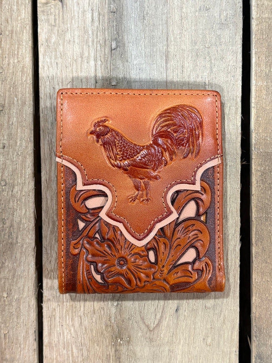 Light Brown leather wallet with embossed rooster design on a wooden surface