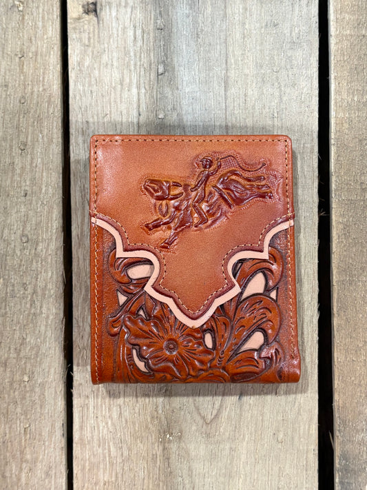 Light Brown leather wallet with floral embossing on a wooden surface