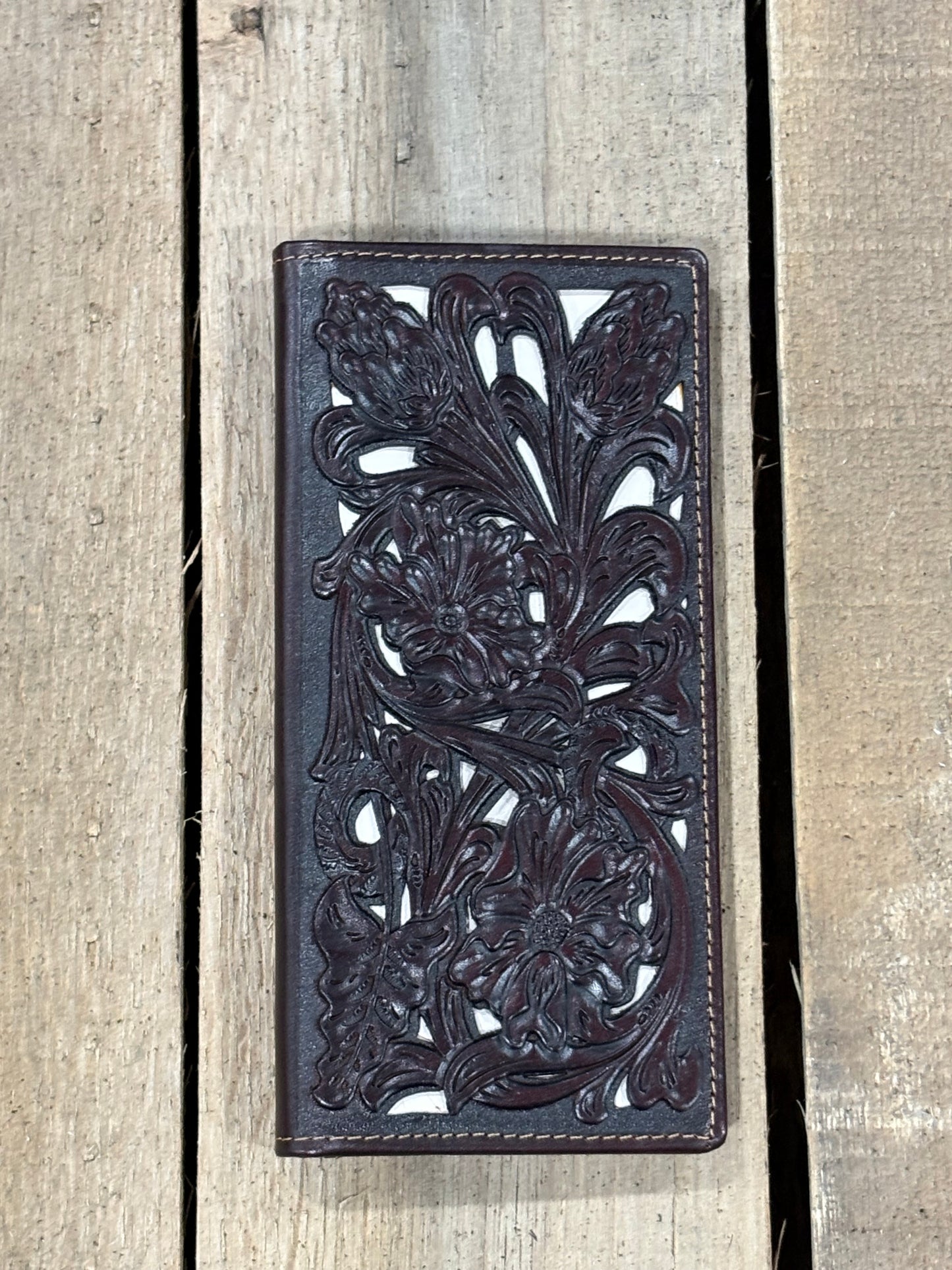 Top Notch Accessories Coffee Brown Tooled Leather Tall Checkbook Wallet with Beige Inlay