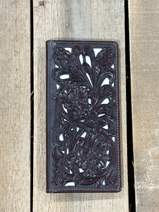 Top Notch Accessories Coffee Brown Tooled Leather Tall Checkbook Wallet with Beige Inlay