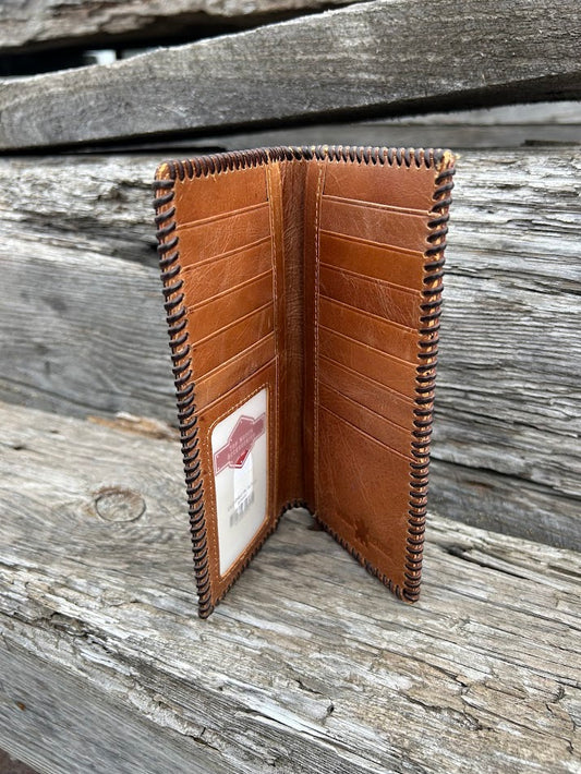 Brown leather checkbook wallet. Inside view showing multiple bill slots, a ID Window, and Thirteen card slots. 