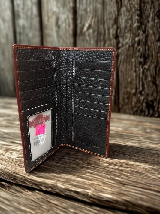 Black leather wallet with brown trim on a wooden surface