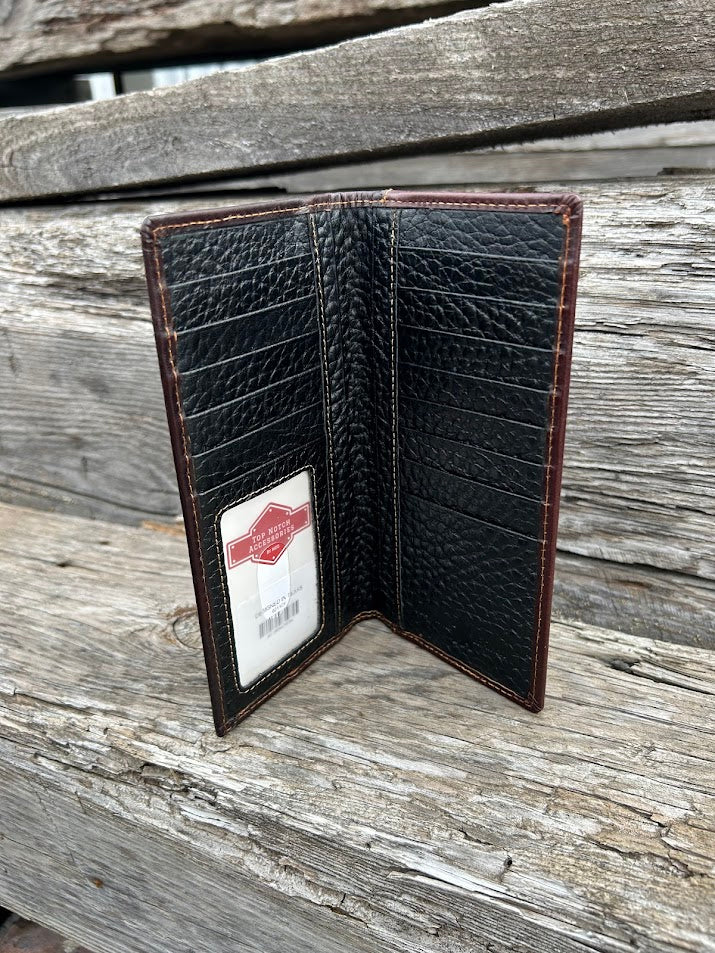 Coffee Brown leather wallet open on a wooden surface