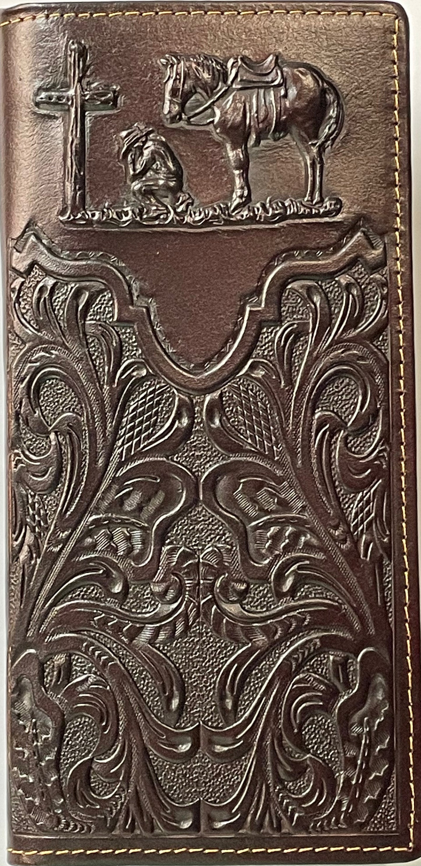 Coffee Brown leather wallet with intricate patterns and embossed designs, featuring a horse and cross.
