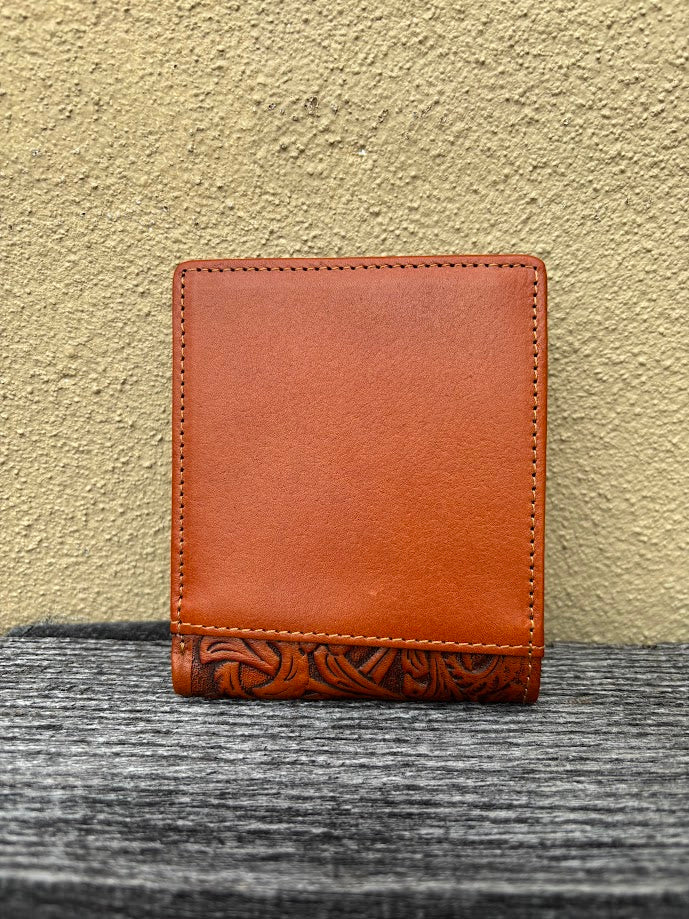 A Light Brown leather bifold wallet. Rear view 