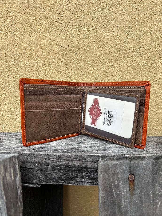 A Light Brown leather bifold wallet. Inside view showing multiple card slots and dual ID window. 