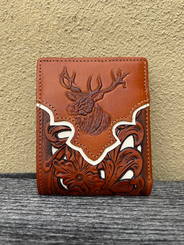 A Light Brown leather bifold wallet with beige inlay design featuring a embossed buck design.  Front View