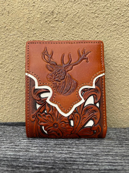 A Light Brown leather bifold wallet with beige inlay design featuring a embossed buck design.  Front View