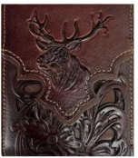 Close up of a Brown leather wallet with embossed deer design on a dark background