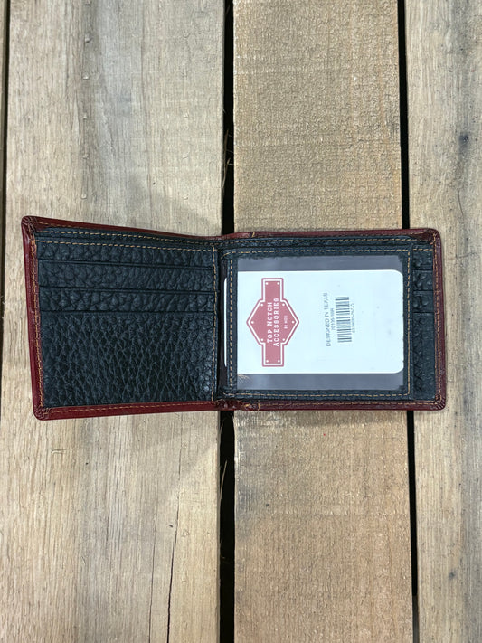 Black pebbled leather inside wallet with three card slots and one ID window slot on a wooden surface