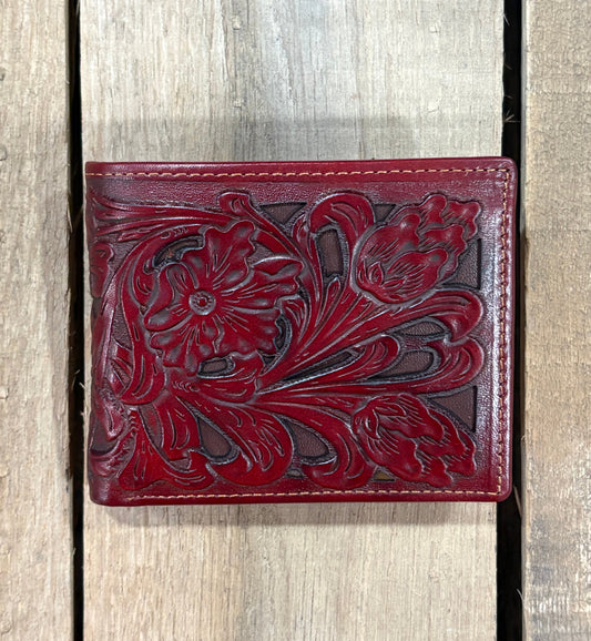 Brown leather wallet with intricate floral embossing