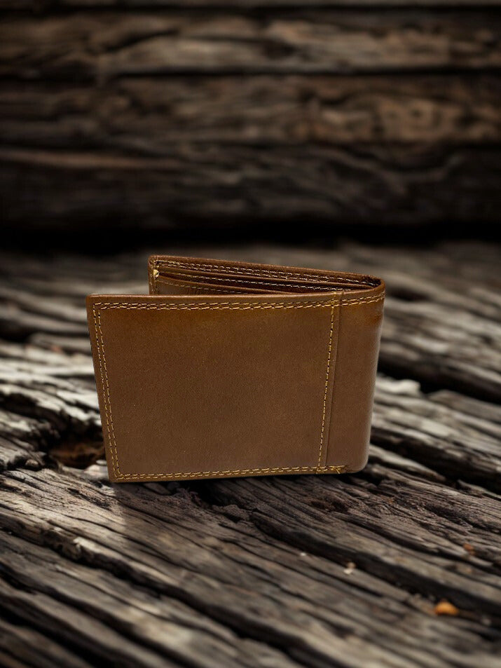 Back view of a Brown leather wallet on a rustic wooden surface
