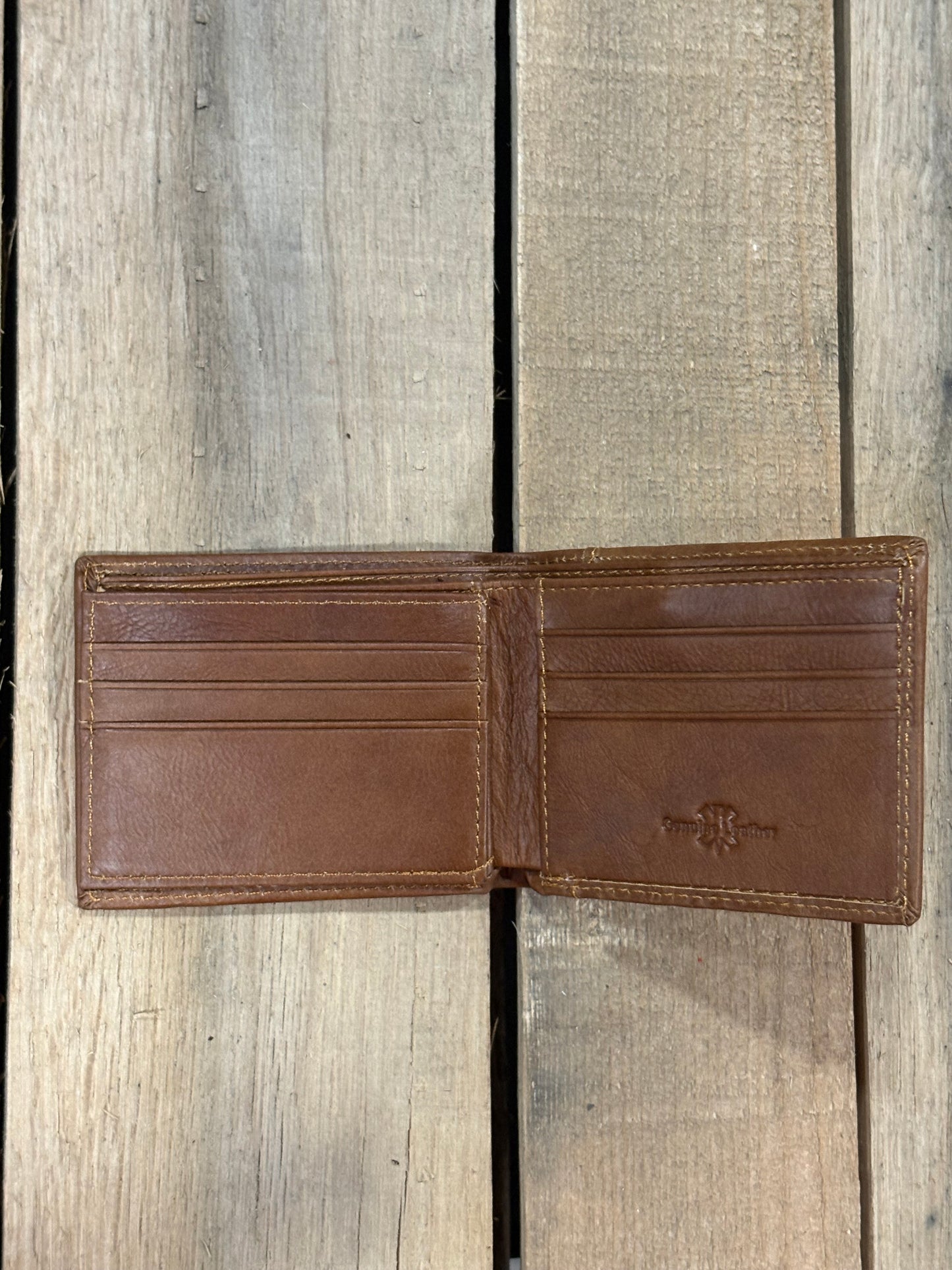 Brown leather wallet on a wooden surface