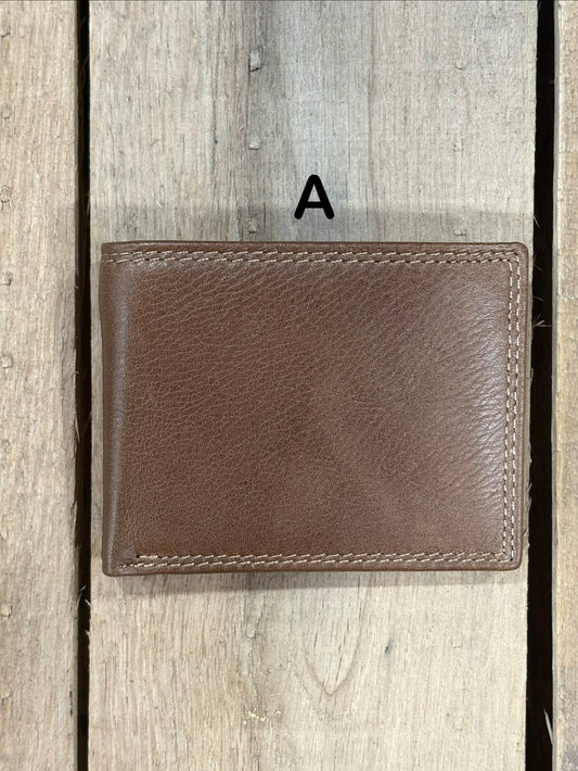 Coffee Brown smooth leather wallet on a wooden surface