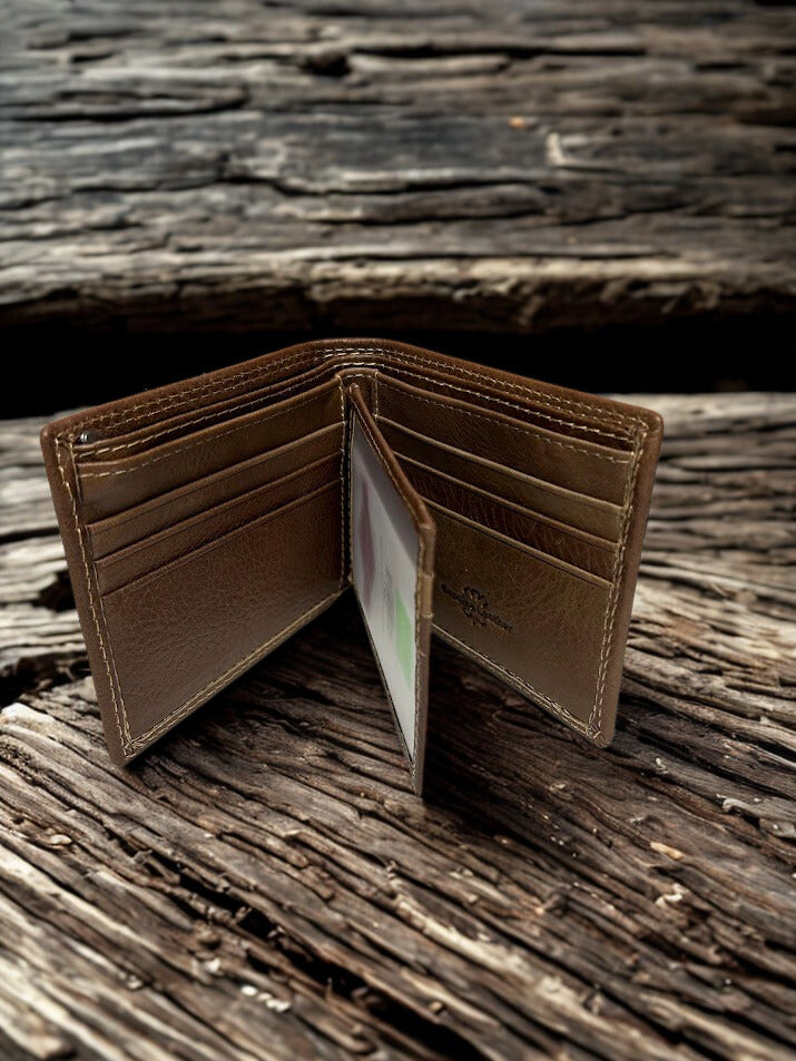 Coffee Brown smooth leather bifold wallet.  Inside view showing multiple card slots and a ID window. 