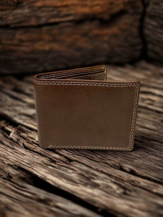 Coffee Brown smooth leather bifold wallet. Front View
