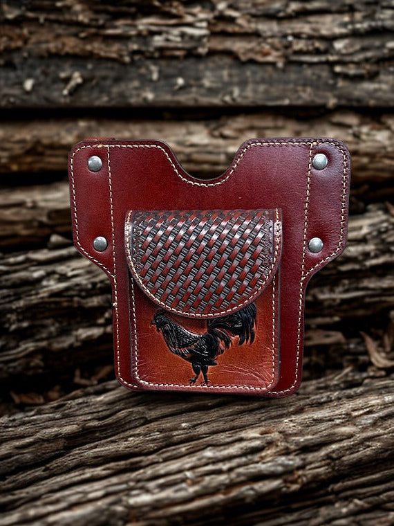 Top Notch Accessories Embossed Rooster Design Brown Leather Phone Case with Front Pouch