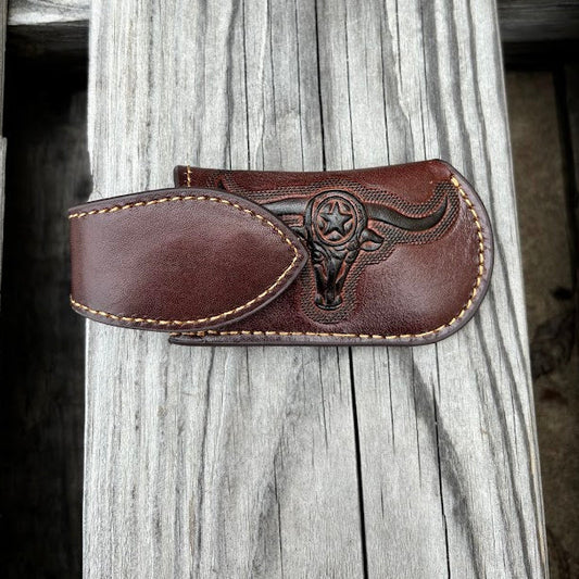 A Coffee Brown leather knife sheath with a decorative longhorn and star design. Front View