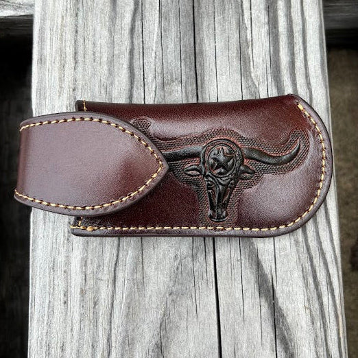 This Coffee Brown leather knife sheath from Top Notch Accessories features a embossed Longhorn design with a Star. Front View