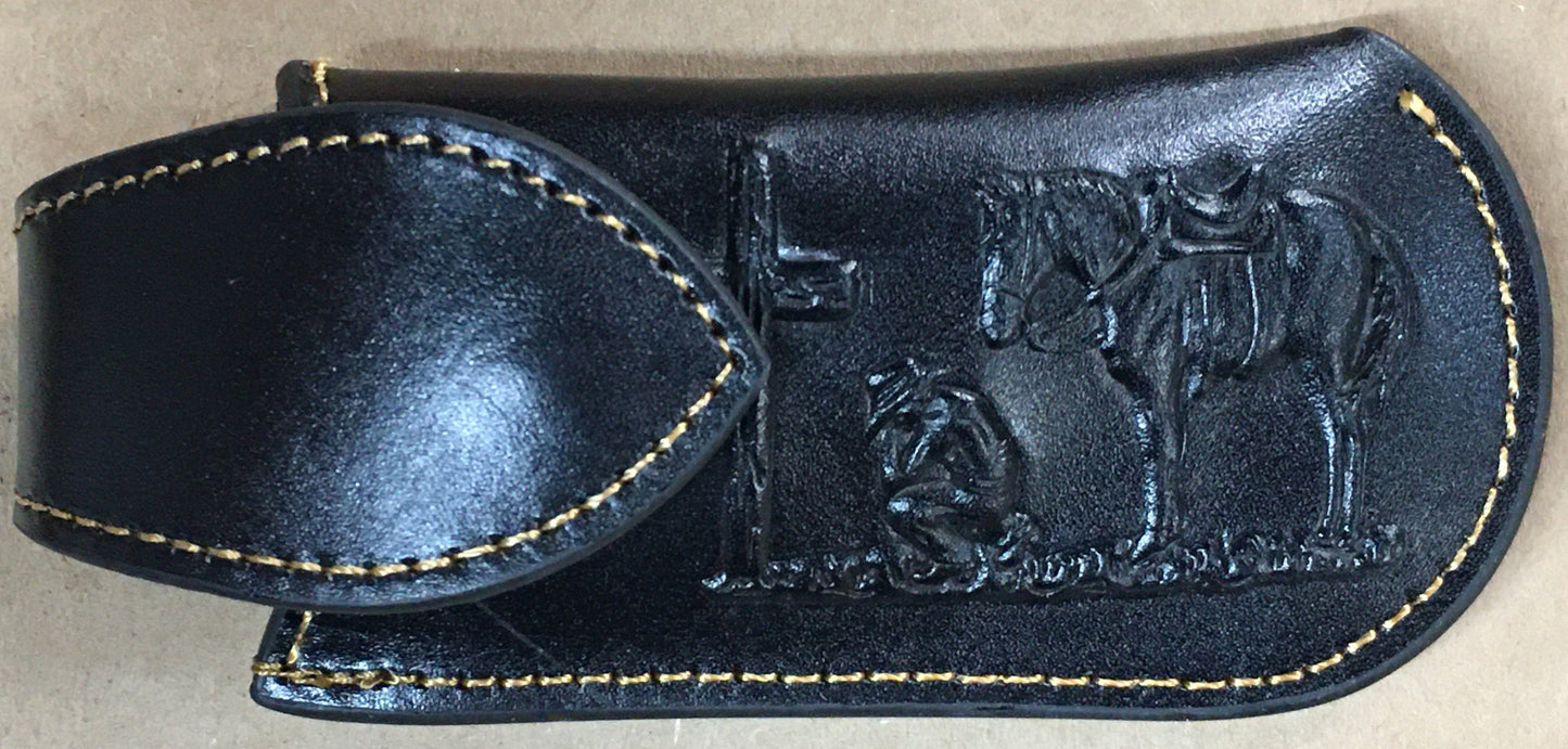 Black leather pouch with gold stitching and a horse design on a beige background