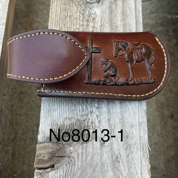 Coffee Brown leather sheath with embossed design on a wooden surface, featuring the number No8013-1.