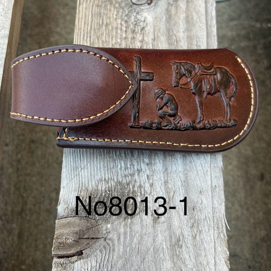 Coffee Brown leather sheath with embossed design on a wooden surface, featuring the number No8013-1.