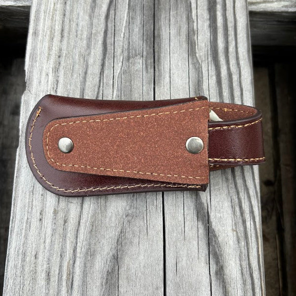 Praying Cowboy design knife sheath with keep in Coffee Brown. Rear view showing belt loop. 