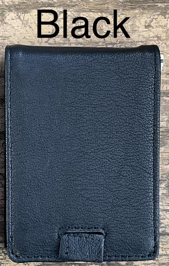 Black leather wallet on a wooden surface