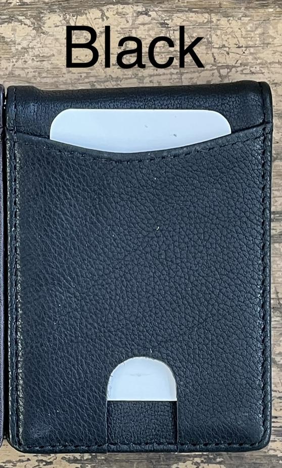 Black leather wallet with card slots on a wooden surface