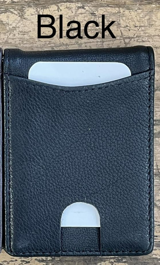 Black leather wallet with card slots on a wooden surface