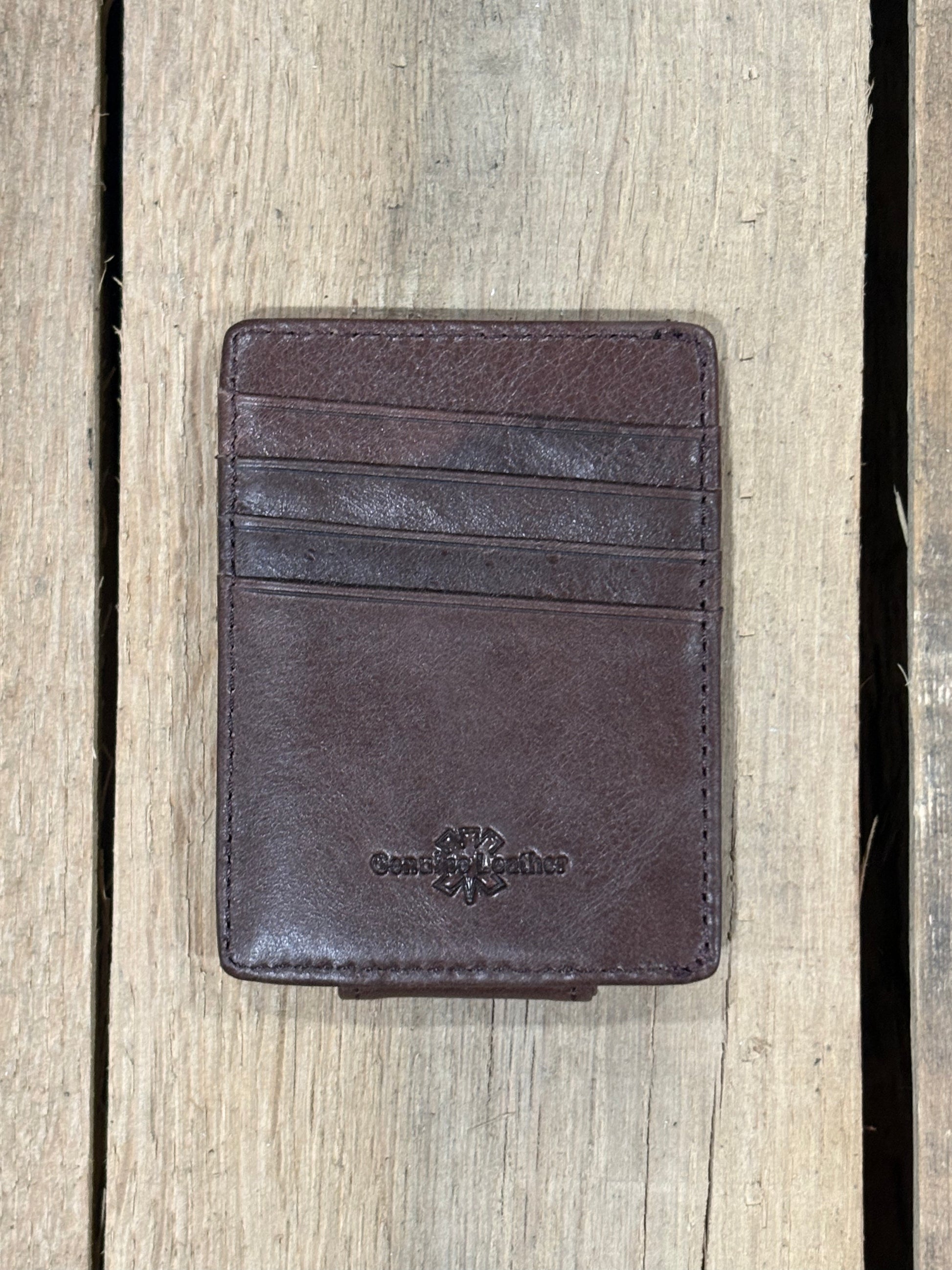 A Coffee brown full grain leather money clip from Top Notch Accessories, featuring six total card slots. 