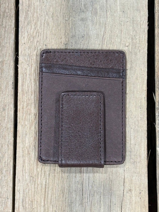 Coffee Brown leather magnetic money clip wallet on a wooden surface