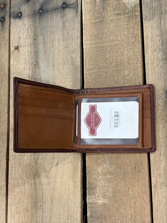 Brown leather wallet with three card slots and one ID window slot on a wooden surface